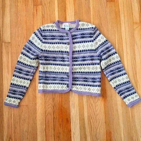 Tally Ho vintage Fair Isle purple cream silver snowflake wool sweater cardigan - Picture 2 of 4